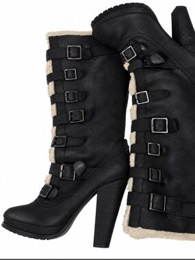Report Black Buckle Shearling-Trim High-Heel Boots